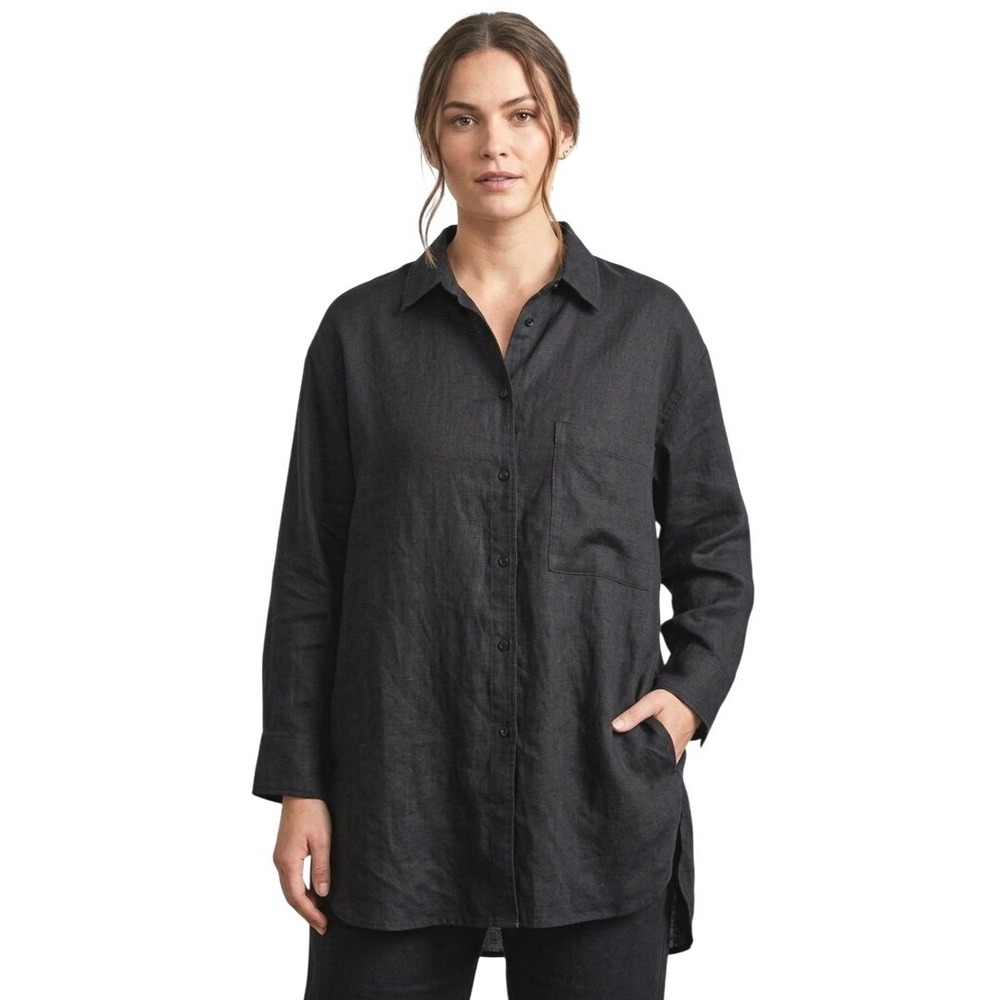 Womens Black Linen Oversized Button Down Tunic Shirt with Pockets Size Medium